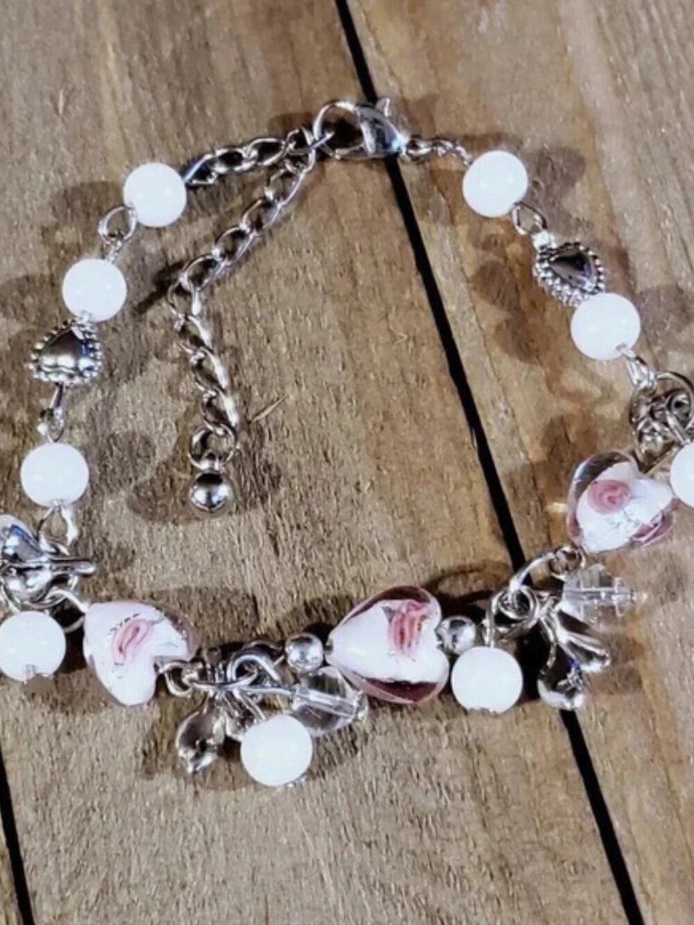 Vintage Murano Glass Beads White Silver Charm Bracelet Style H